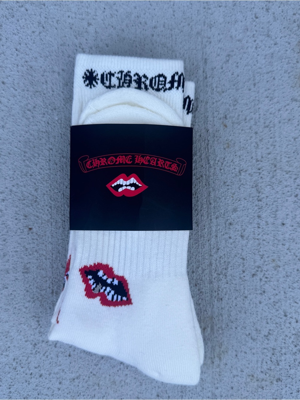 Chrome Hearts White Crew Socks with Red Lip Motif
